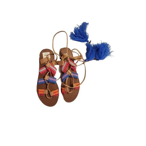 Size 8 Tassel Pom Pom colourful Tie up Lace Up Sandals Gladitor Hippy Boho Cruis - Picture 1 of 5